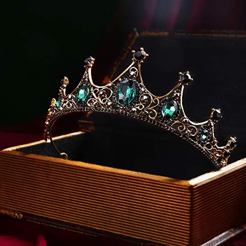 FRCOLOR Baroque Crown Green Rhinestone Crown Vintage Queen Crystal Princess for Women, Birthday Bridal Tiara for Wedding Pageant Prom Halloween (Green) - Image 4