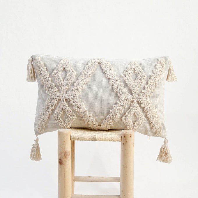 BOHO TUFTED LUMBAR THROW PILLOW COVER 12X 20 MODERN SIMPLE DIAMOND FARMHOUSE NEUTRAL LINEN PILLOW CUSHION CASES WITH TASSELS CREAM DECORATIVE PILLOWS FOR BED OUTDOOR COUCH BEDROOM CAR