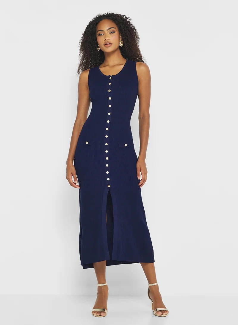 جينجر Classic Knitted Button Up Maxi Dress