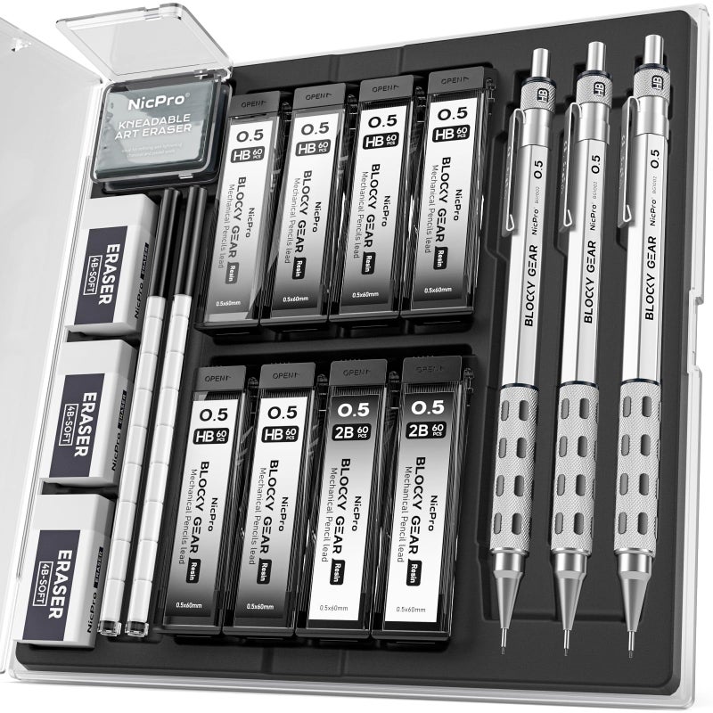 Nicpro 3 Pack Blocky Gear 0.5 mm Metal Mechanical Pencils Set with Case, Lead Drafting Pencil with 8 Tube (480PCS) Lead Refills(HB 2B), 4 Erasers, 18 Eraser Refills for Art Writing, Sketching Drawing - Image 1