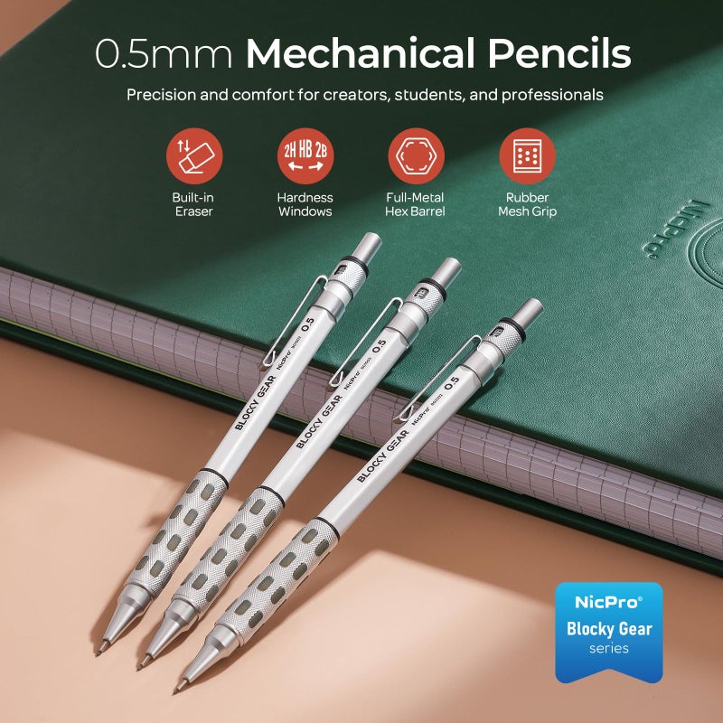 Nicpro 3 Pack Blocky Gear 0.5 mm Metal Mechanical Pencils Set with Case, Lead Drafting Pencil with 8 Tube (480PCS) Lead Refills(HB 2B), 4 Erasers, 18 Eraser Refills for Art Writing, Sketching Drawing - Image 2