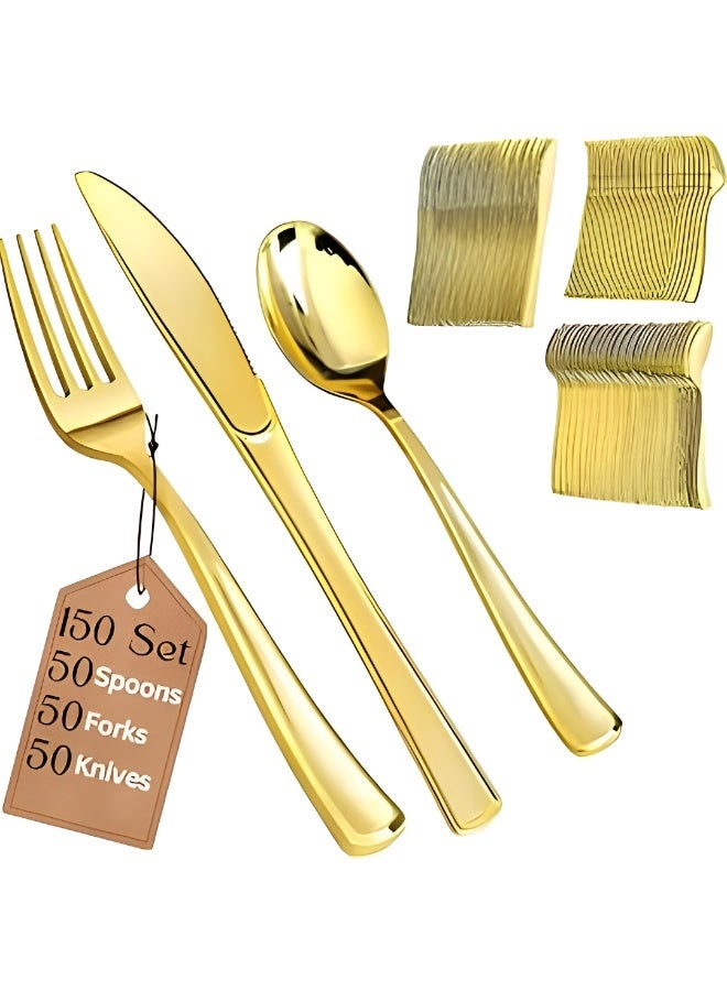 4basix Premium Golden Plastic Cutlery Set, 150 Pieces, Includes Spoons, Forks and Knives, Elegant Disposable Dining Tableware for Home Kitchen and Serving - Image 1