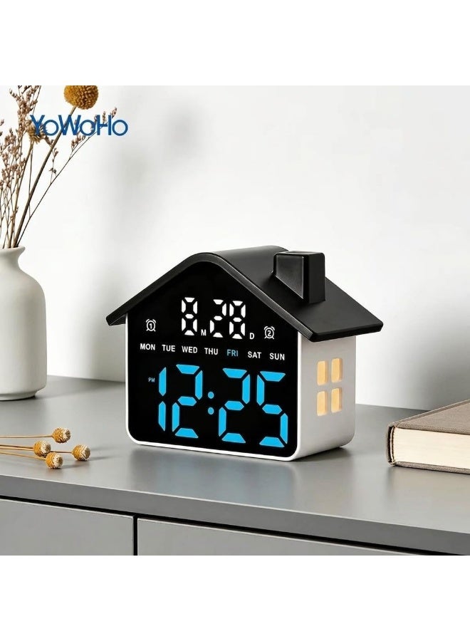 Digital LED alarm clock with ambient lighting; large display showing time, date, and day; modern home design; tabletop clock for bedroom and office; dual alarm with decorative night light. (Black, Blue) - Image 4