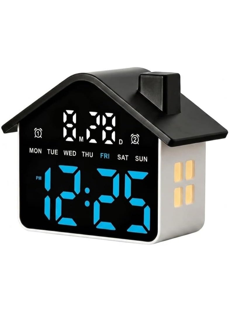 Digital LED alarm clock with ambient lighting; large display showing time, date, and day; modern home design; tabletop clock for bedroom and office; dual alarm with decorative night light. (Black, Blue) - Image 1
