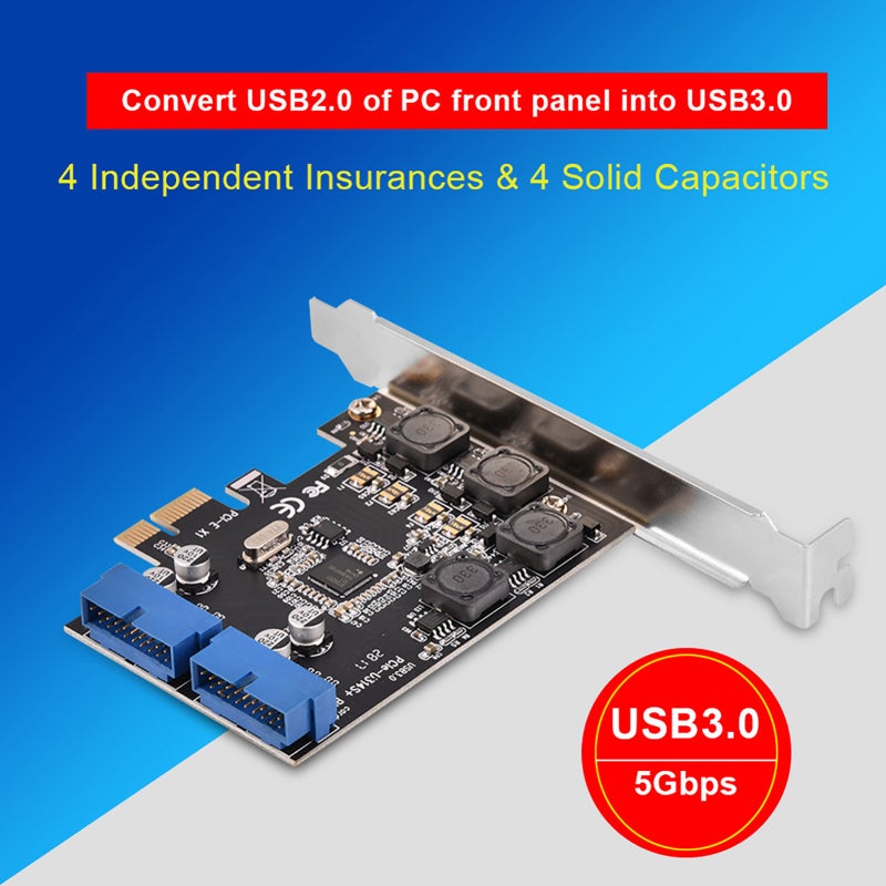 PCIe USB3.0 Expansion Card: PCI-E X1 Interface, 4 Independent Power Modules, 2 USB3.0 19Pin Headers - 4 Solid Capacitor Protection, Stable Data Transmission for Desktop PC USB Port Expansion - Image 1