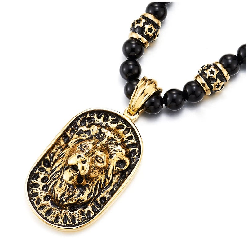 COOLSTEELANDBEYOND Gothic Style Mens Black Onyx Beads Necklace with Gold Black Stainless Steel Lion Head Shield Pendant - Image 4