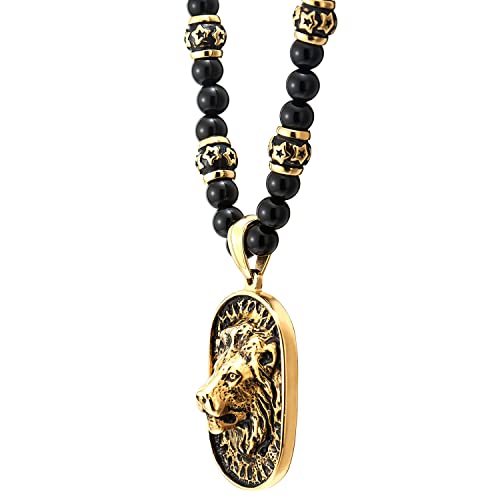 COOLSTEELANDBEYOND Gothic Style Mens Black Onyx Beads Necklace with Gold Black Stainless Steel Lion Head Shield Pendant - Image 3