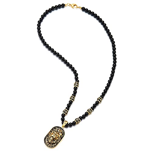 COOLSTEELANDBEYOND Gothic Style Mens Black Onyx Beads Necklace with Gold Black Stainless Steel Lion Head Shield Pendant - Image 2