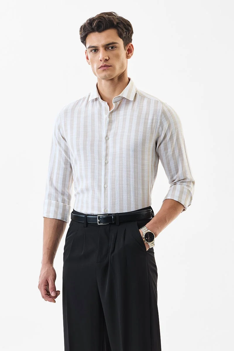 SNITCH Beige Striped Long Sleeve Slim Fit Luxe Shirt