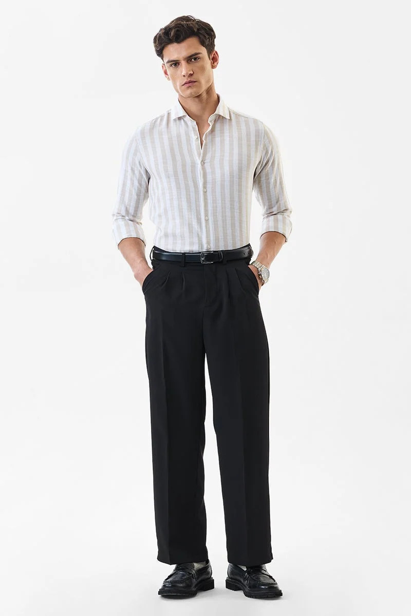 SNITCH Beige Striped Long Sleeve Slim Fit Luxe Shirt