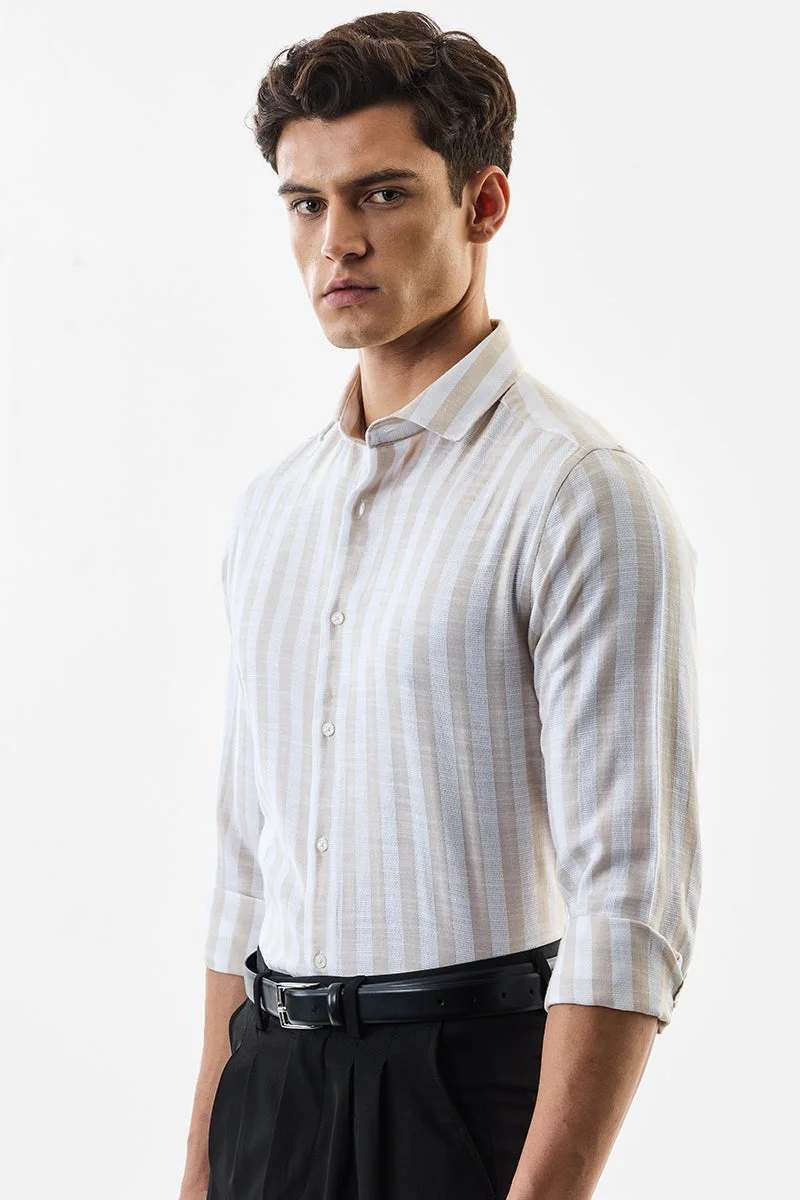سنيتش Beige Striped Long Sleeve Slim Fit Luxe Shirt
