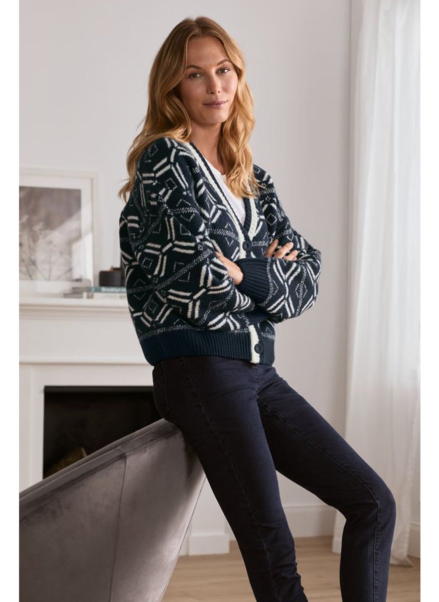 Tchibo Women V-neck Norwegian Pattern Cardigan, Navy  - Image 1