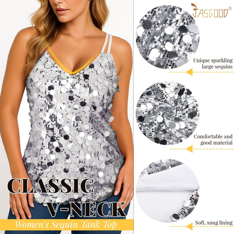 JASGOOD Women's Sequin Tank Tops Loose Fit Fashion Sleeveless V Neck Camisole Sparkle Strappy Halter Shirt for Party Christmas Concert Outfits Silver - Image 4