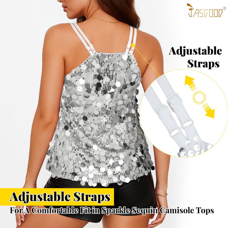 JASGOOD Women's Sequin Tank Tops Loose Fit Fashion Sleeveless V Neck Camisole Sparkle Strappy Halter Shirt for Party Christmas Concert Outfits Silver - Image 5