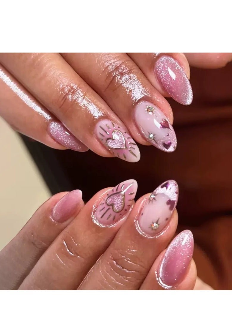 جوسكوين أظافر لاصقة، 24 قطعة، أظافر كرزية وردية ناعمة بأسلوب فرنسي مع تأثير جليتر عين القطة المذهل، وزينة أظافر على شكل قلب رقيق، وتصميم أنيق بشكل لوزي، وبرائص أظافر قابلة لإعادة الاستخدام ومتينة، مع مجموعة غراء كاملة. - Image 1