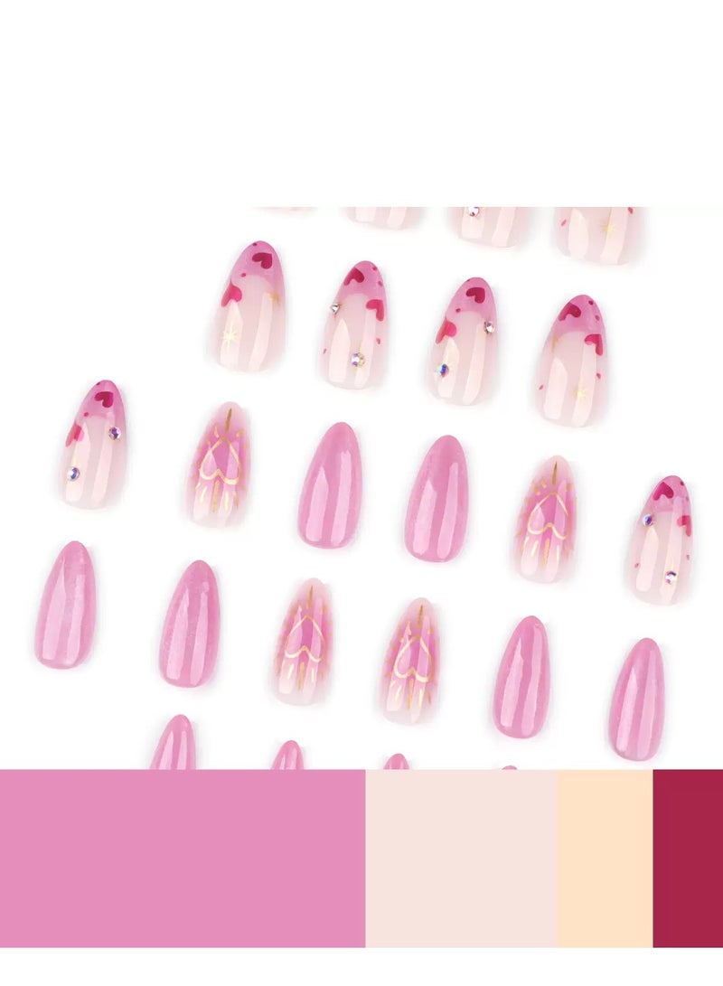 جوسكوين أظافر لاصقة، 24 قطعة، أظافر كرزية وردية ناعمة بأسلوب فرنسي مع تأثير جليتر عين القطة المذهل، وزينة أظافر على شكل قلب رقيق، وتصميم أنيق بشكل لوزي، وبرائص أظافر قابلة لإعادة الاستخدام ومتينة، مع مجموعة غراء كاملة. - Image 2