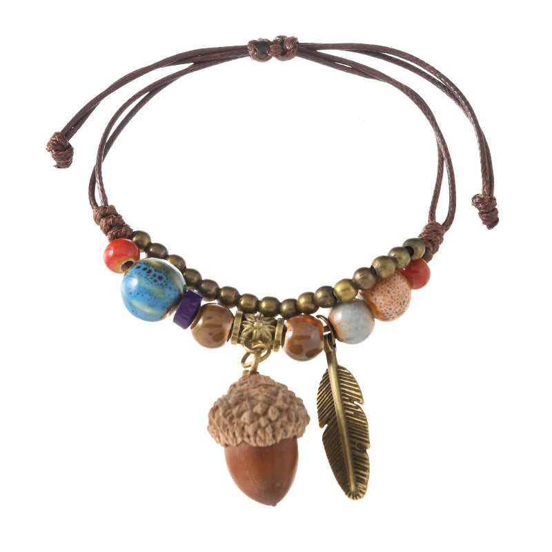 Handwoven Ceramic Plant Acorn Bracelet with Natural Fruit Charms, Vintage Style - Image 5