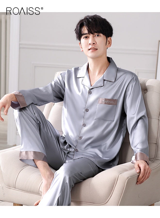 رويس بيجامة صيفية للرجال من الحرير الجليدي مع ياقة رفيعة قابلة للتهوية وأزرار أمامية وأكمام طويلة وبنطلون طويل طقم بيجامة بسيط ومريح وخصر مرن وبدلة استرخاء - Image 1