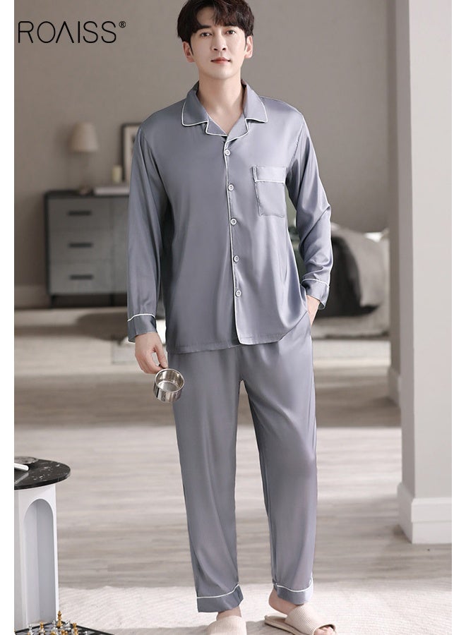 رويس بيجامة صيفية للرجال من الحرير الجليدي مع ياقة رفيعة قابلة للتهوية وأزرار أمامية وأكمام طويلة وبنطلون طويل طقم بيجامة بسيط ومريح وخصر مرن وبدلة استرخاء - Image 2
