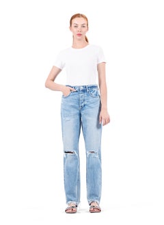 Web Denim Web Denim High Waist Straight Jeans for Women - Knee Rip, Button Fly, Distressed Ankle  - Image 1