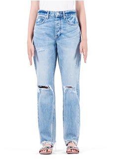 Web Denim Web Denim High Waist Straight Jeans for Women - Knee Rip, Button Fly, Distressed Ankle  - Image 2