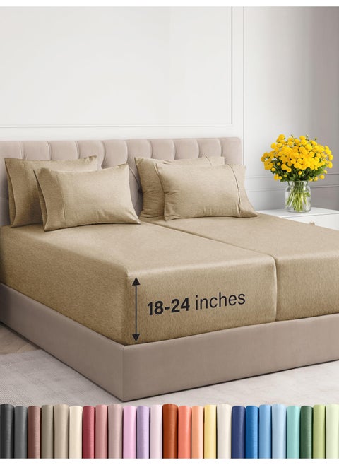 Extra Deep King Sheet Set - 6 Piece Breathable and Cooling Sheets - Hotel Luxury Bed Sheets Set - Easy Fit - Soft  Wrinkle Free and Comfy Sheets Set - Heathered Tan Sheet Set with Extra Deep Pockets