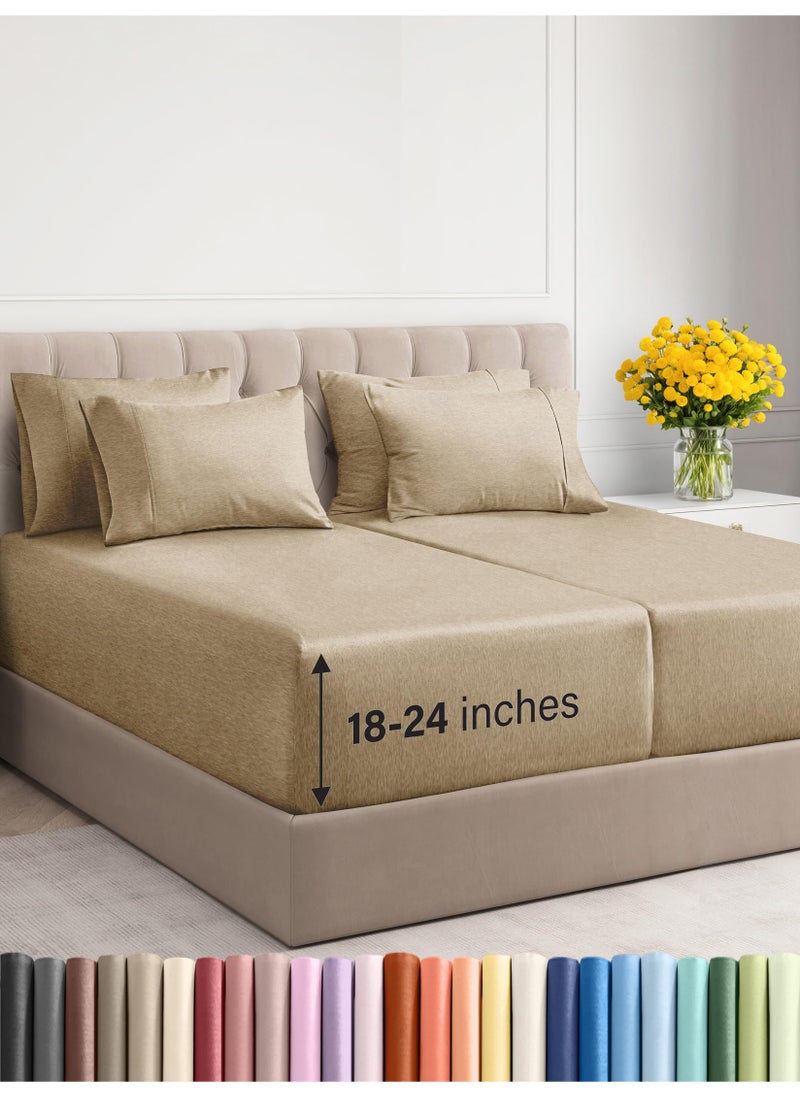 Extra Deep King Sheet Set - 6 Piece Breathable and Cooling Sheets - Hotel Luxury Bed Sheets Set - Easy Fit - Soft  Wrinkle Free and Comfy Sheets Set - Heathered Tan Sheet Set with Extra Deep Pockets