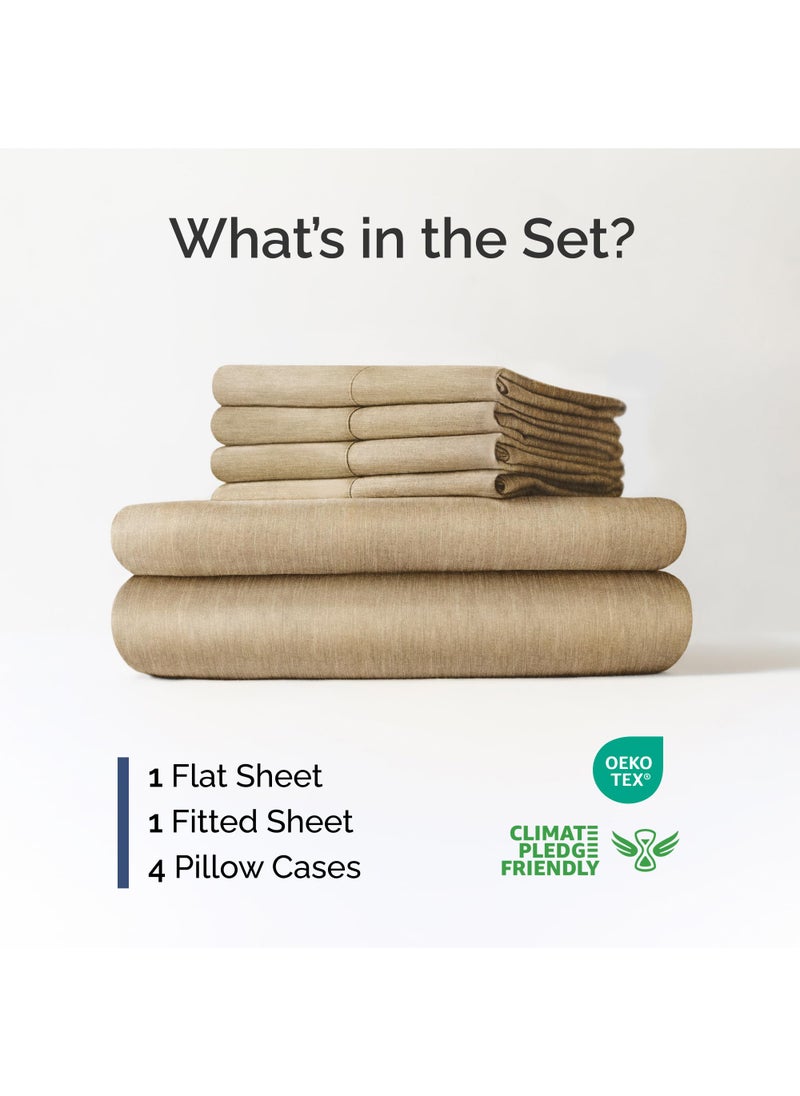 Extra Deep King Sheet Set - 6 Piece Breathable and Cooling Sheets - Hotel Luxury Bed Sheets Set - Easy Fit - Soft  Wrinkle Free and Comfy Sheets Set - Heathered Tan Sheet Set with Extra Deep Pockets