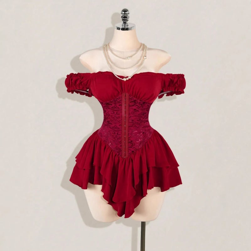 Jacquard Spliced Ruffle Off-Shoulder A-Line Chiffon Mini Dress 1169# - Image 1