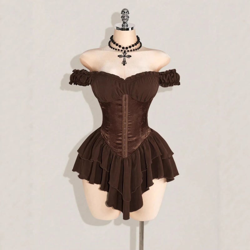 Jacquard Spliced Ruffle Off-Shoulder A-Line Chiffon Mini Dress 1169# - Image 4