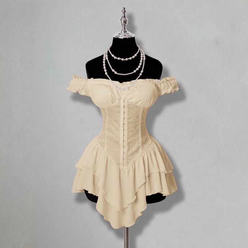 Jacquard Spliced Ruffle Off-Shoulder A-Line Chiffon Mini Dress 1169# - Image 2