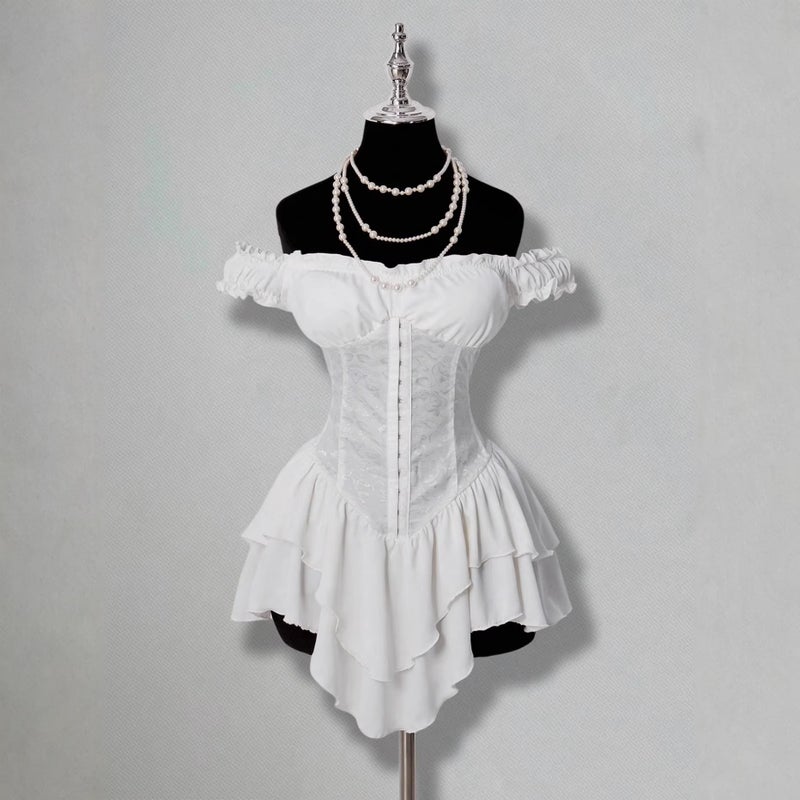Jacquard Spliced Ruffle Off-Shoulder A-Line Chiffon Mini Dress 1169# - Image 3