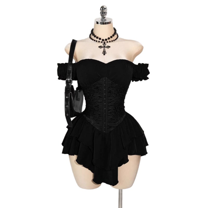 Jacquard Spliced Ruffle Off-Shoulder A-Line Chiffon Mini Dress 1169# - Image 5