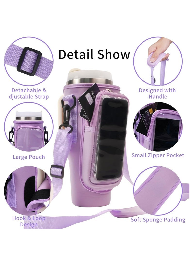 Water Bottle Carrier Bag with Strap for Stanley 40oz Tumbler with Handle, 2 Pocket Sling Neoprene Bottle Pouch Holder, Stanley Cup Accessories for Hiking Travelling Camping (White)  - Image 4