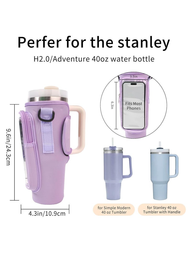 Water Bottle Carrier Bag with Strap for Stanley 40oz Tumbler with Handle, 2 Pocket Sling Neoprene Bottle Pouch Holder, Stanley Cup Accessories for Hiking Travelling Camping (White)  - Image 5