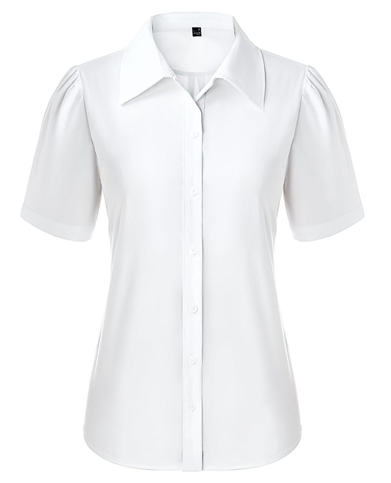 Gleeivy Button Down Shirts for Women Button Up Dress Shirts Puff Short Sleeve Collared Fitted Blouse Work Business Top White L - Image 1