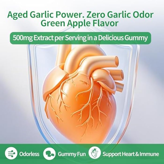 Odorless Aged Garlic Extract Gummies,7500mg Garlic,2 Years Aged Garlic Extract,Grown Allium Sativum Bulb,Potent Antioxidant Supplement,Immune Support,Heart Health,Green Apple Flavor - Image 2