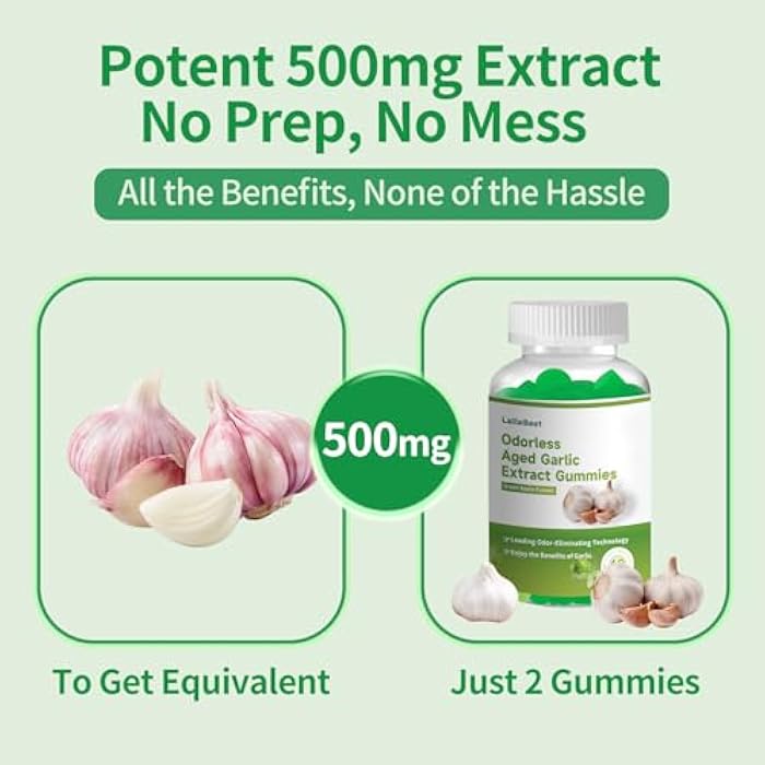 Odorless Aged Garlic Extract Gummies,7500mg Garlic,2 Years Aged Garlic Extract,Grown Allium Sativum Bulb,Potent Antioxidant Supplement,Immune Support,Heart Health,Green Apple Flavor - Image 4
