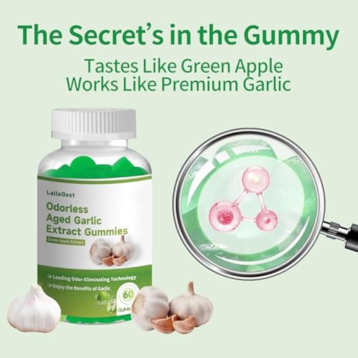 Odorless Aged Garlic Extract Gummies,7500mg Garlic,2 Years Aged Garlic Extract,Grown Allium Sativum Bulb,Potent Antioxidant Supplement,Immune Support,Heart Health,Green Apple Flavor - Image 3
