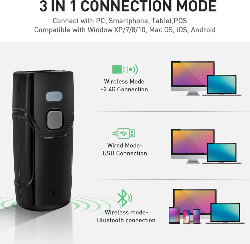 JRHC Wireless Barcode Scanner, 1D 2D Bluetooth Bar Code Scanners USB Wired & 4.2 Bluetooth & 2.4G Wireless 3 in 1 Portable Barcode Reader Automatic Fast Precise Scan Work with iOS, Windows, Android - Image 2