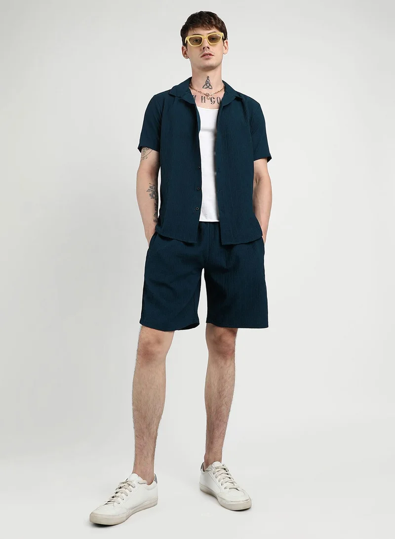 Campus Sutra Campus Sutra Men's Navy Blue Textured Interwine Co-Ord Set For Casual Wear | Cuban Collar | Short Sleeve | Button Closure | Co-Ords Crafted With Comfort Fit For Everyday Wear