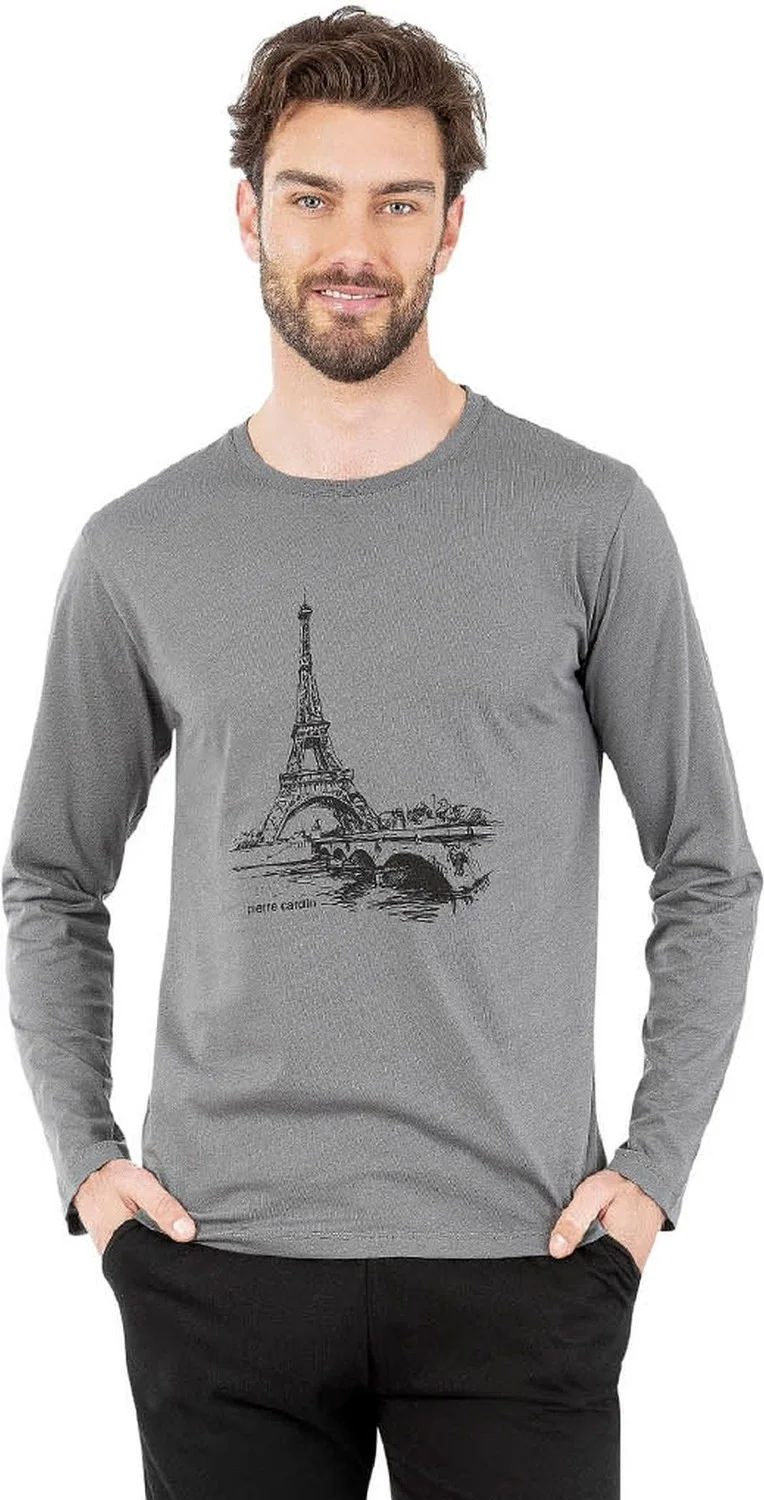 pierre cardin 6064 Men's Long Sleeve Crew Neck Pajama Set-Gray