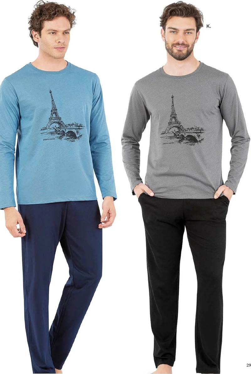 pierre cardin 6064 Men's Long Sleeve Crew Neck Pajama Set-Gray