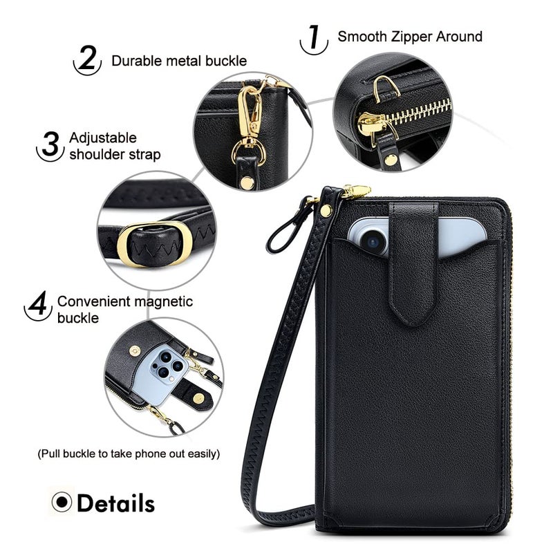 Peacocktion RFID Crossbody Wallet Purse for Women Small Travel Cell Phone Purses Trendy Vegan Leather Bags with Card Slots Black - Image 4