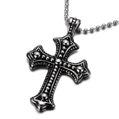 COOLSTEELANDBEYOND Gothic Vintage Cross Pendant Necklace Stainless Steel Unisex Silver Black Two-tone 23.6 in Ball Chain - Image 1
