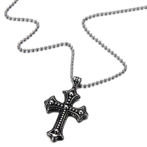 COOLSTEELANDBEYOND Gothic Vintage Cross Pendant Necklace Stainless Steel Unisex Silver Black Two-tone 23.6 in Ball Chain - Image 2
