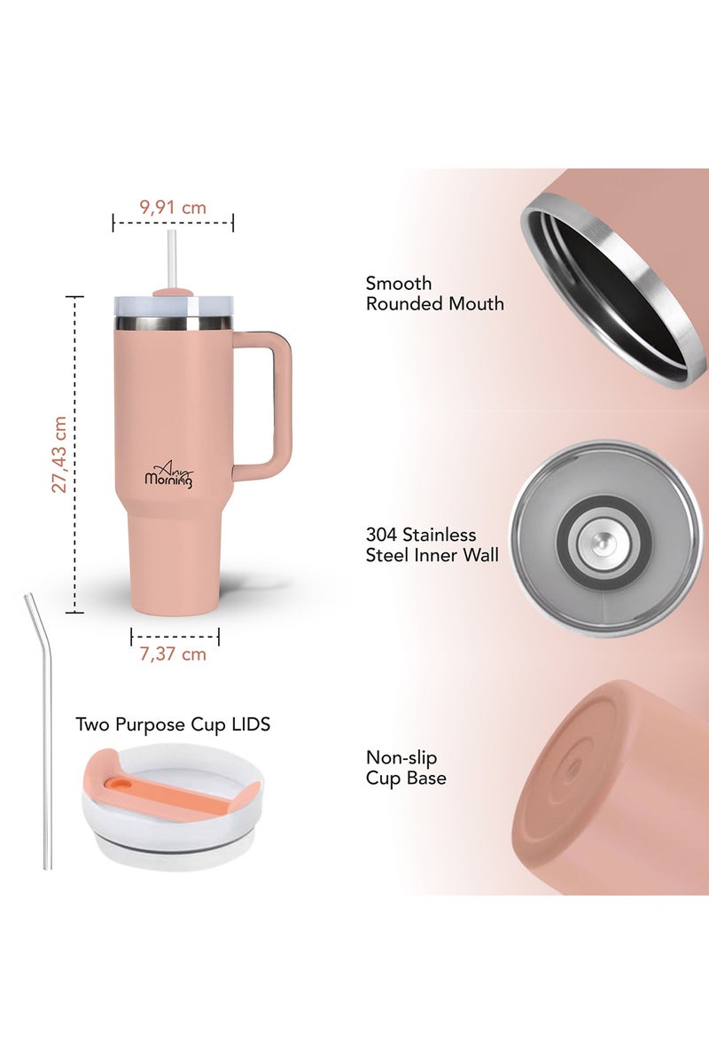 آني مورننغ كوب بغطاء محكم مانع للتسرب، بسعة 1200 مل مع عزل مفرغ، كوب قهوة كبير من الفولاذ المقاوم للصدأ مزدوج الطبقة، يحافظ على المشروبات ساخنة لمدة 9 ساعات وباردة لمدة 12 ساعة، يناسب حامل الأكواب في السيارة، تصميم أنيق يشبه الترمس. - Image 4