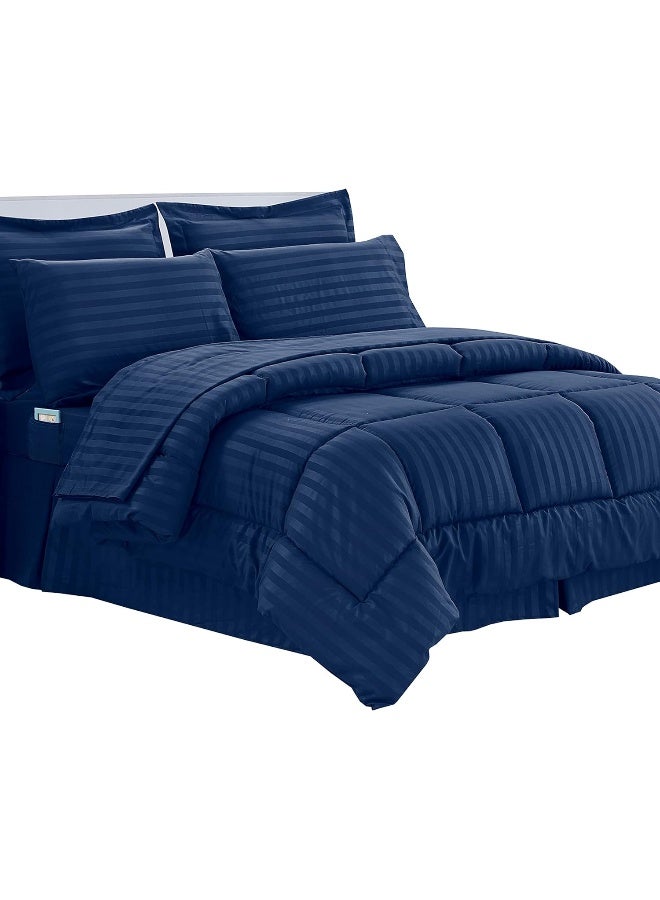 Elegant Comfort Elegant Comfort Cozy and Soft 8-Piece Bed-in-a-Bag All Season Comforter Set, Includes 4pc Smart Sheet Set, Bed Skirt, Comforter, Matching Pillowcases and Shams, Striped Design, Full/Queen, Navy  - Image 1