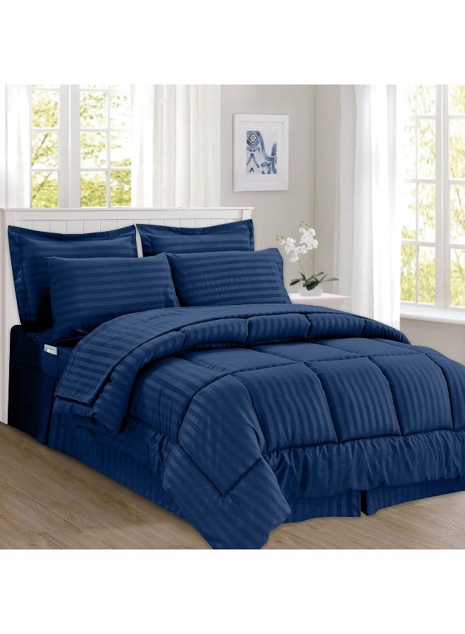 Elegant Comfort Elegant Comfort Cozy and Soft 8-Piece Bed-in-a-Bag All Season Comforter Set, Includes 4pc Smart Sheet Set, Bed Skirt, Comforter, Matching Pillowcases and Shams, Striped Design, Full/Queen, Navy  - Image 2