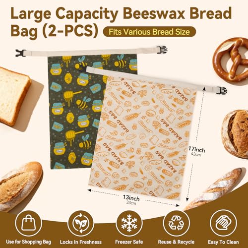 HAPYHOOM 2 Pack Natural Beeswax Bread Bags for Sourdough Homemade Bread, Reusable Natural Organic Linen, Food Storage Cloth Bag, Large Capacity Portable, Freezer-Friendly, Freshness Preservation - Image 3